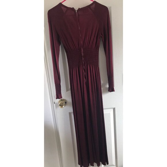 Vintage 1970's Burgundy Zainit London Maxi Dress Plunging Neckline Smocked Waist - Picture 8 of 9